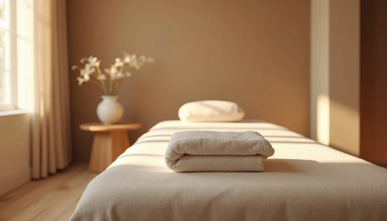 Eye-level view of a serene massage room with soft lighting and calming decor