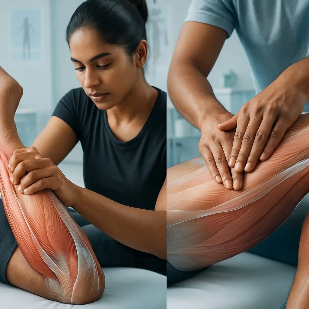 Composite showing therapists demonstrating effleurage, trigger-point release, cross-fiber friction, and myofascial release on athletes.
