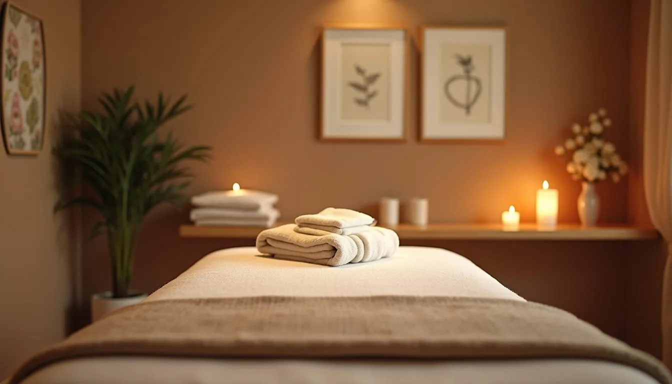 Eye-level view of massage room setup with calming lighting and massage table