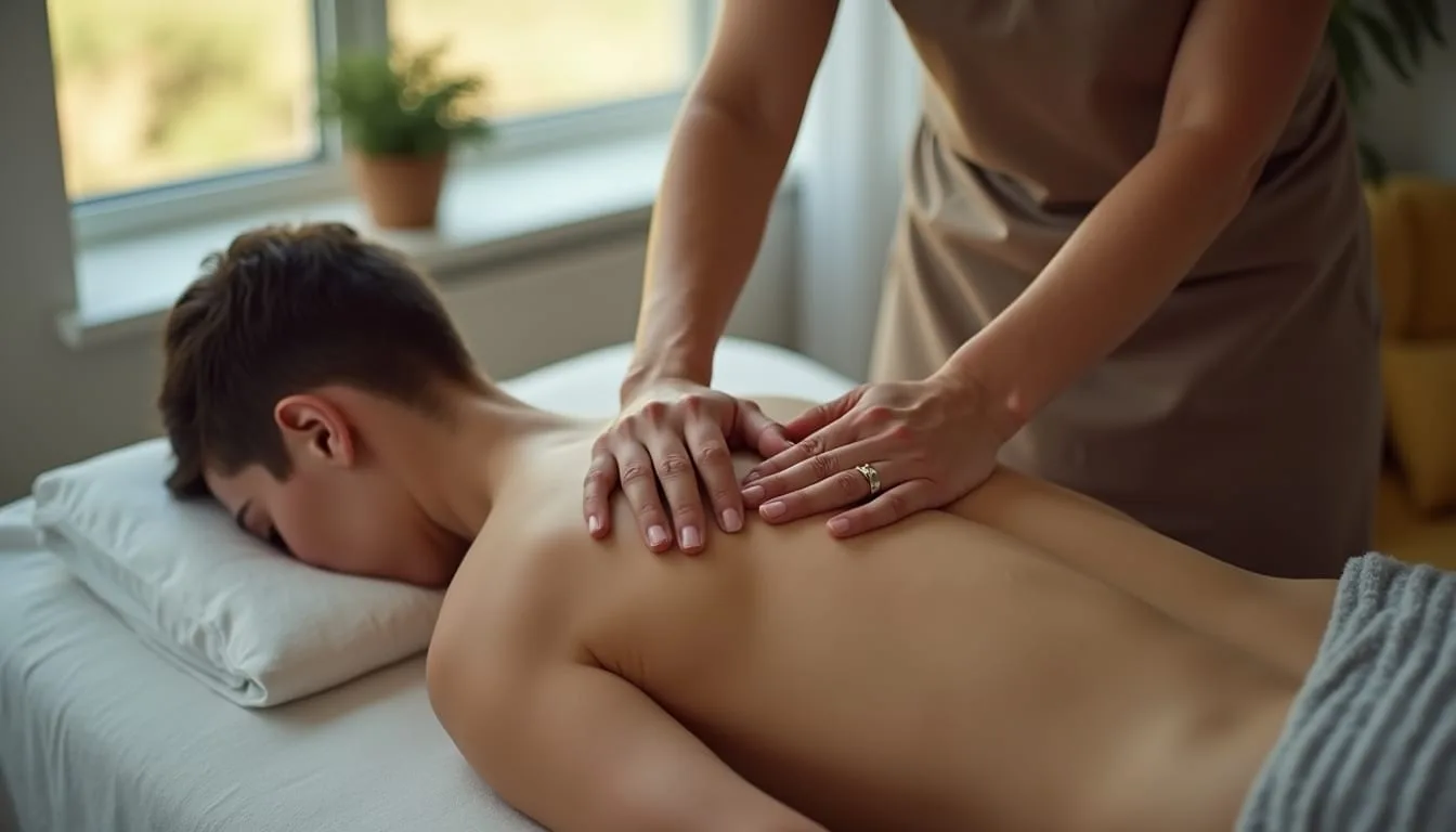 High angle view of massage therapist performing myofascial release on client’s back
