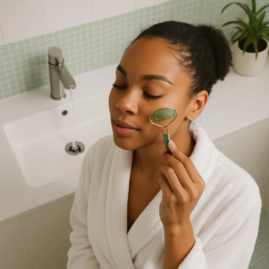 A closeup of an individual practicing facial massage in a spa-like setting, with a tranquil expression and hands gently pressing on temples.