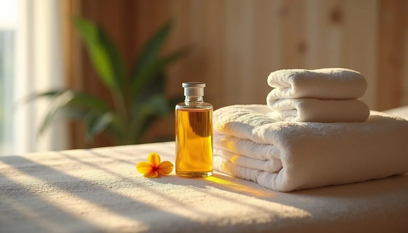 Close-up view of massage oils and towels arranged neatly on a wooden table