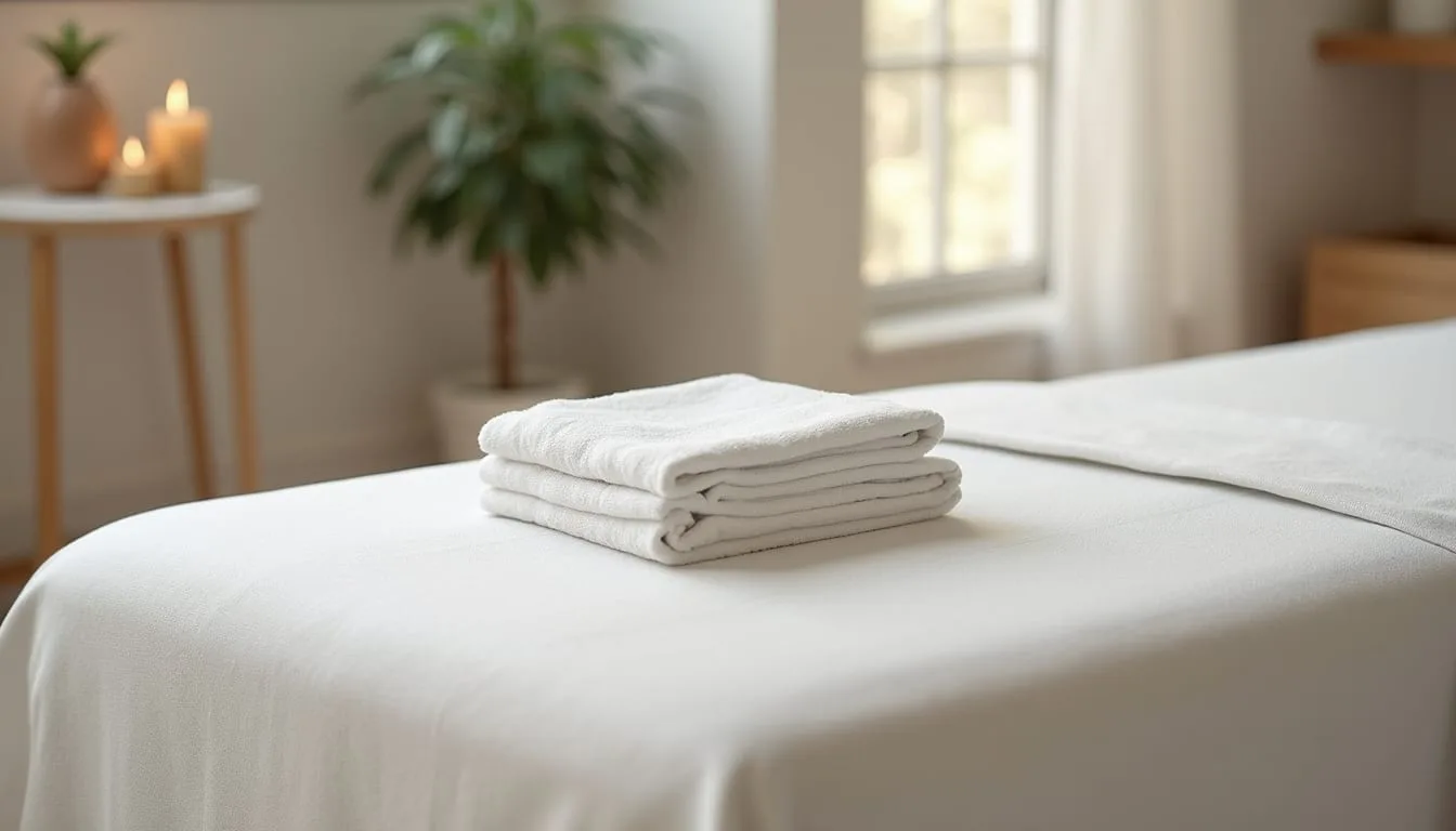 High angle view of a massage table with clean white sheets and a folded towel