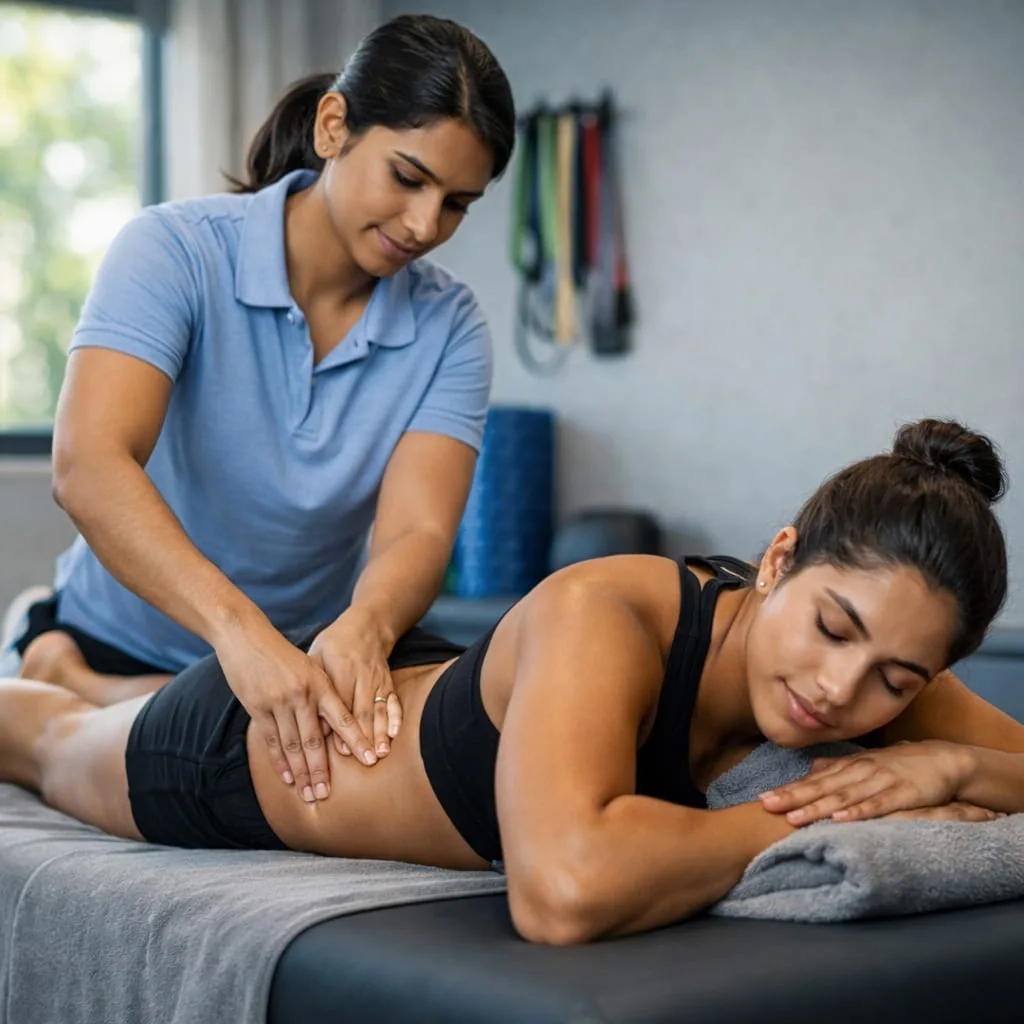 A therapist  giving sports massage to a woman.